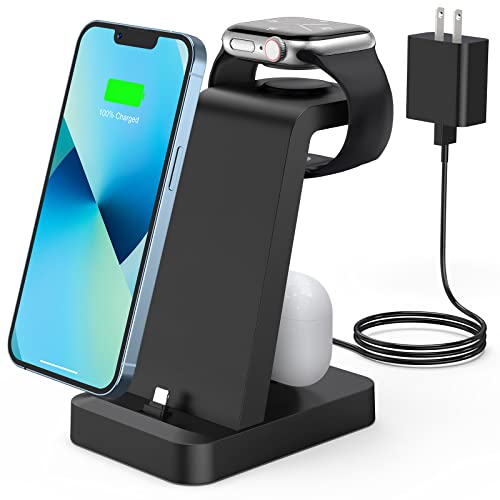 Charger Station for iPhone Multiple Devices - 3 in 1 Fast Wireless Charging Dock Stand for Apple Watch Series 7 6 SE 5 4 3 2 & Airpods iPhone 14 13 12 11 Pro X Max XS XR 8 7 Plus 6s 6 with Adapter by Shenzhen GTL Technology Co., Ltd.