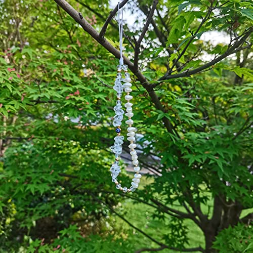 DLYFNVEV White Phone Charm Clear Quartz Evil Eye Pearl Beaded Phone Charms Strap Healing Crystal Cell Phone Accessories Charm Keychain Phone Chain Case Wrist Lanyard String Bracelet Strap Wristlet by 