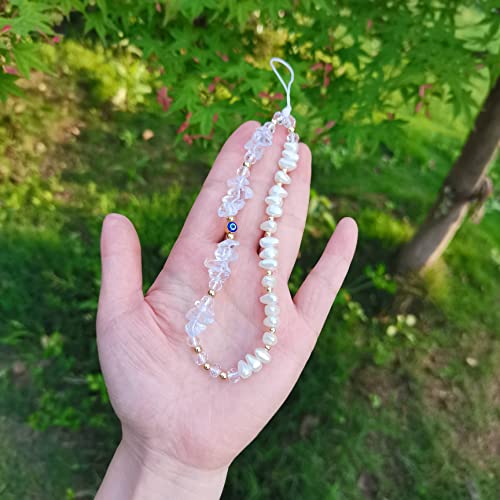 DLYFNVEV White Phone Charm Clear Quartz Evil Eye Pearl Beaded Phone Charms Strap Healing Crystal Cell Phone Accessories Charm Keychain Phone Chain Case Wrist Lanyard String Bracelet Strap Wristlet by 