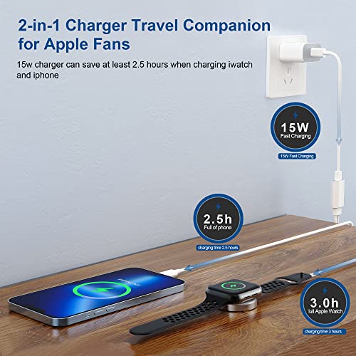Apple Watch Charger,Upgraded 2-in-1 USB C Fast iPhone Watch Charger [Apple MFi Certified] 6FT Magnetic Charging Cable with 15W Wall Charger Block for Apple Watch Series SE/8/7/6/5/4/3/2/1 & iPhone 14 from KTDRJN