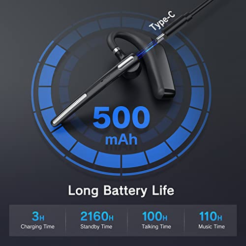 Ngsod Bluetooth Headset - Wireless Headset with Microphone 90 Days Standby/110 Hours Talktime, Bluetooth Earpiece for Cell Phone/PC Tablet/Laptop Computer, Headphones for Trucker/Driver/Business from Yobohii