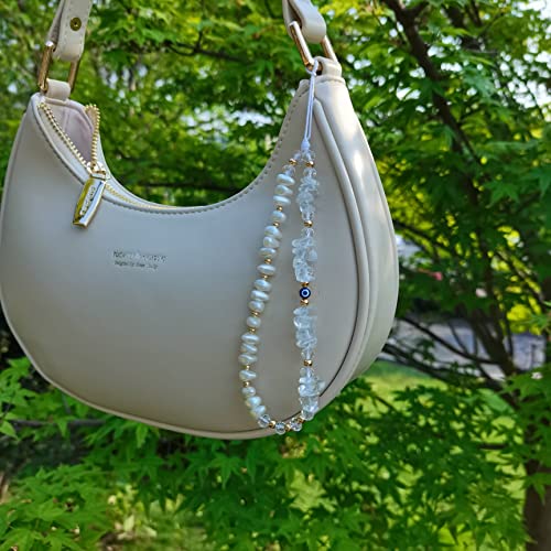 DLYFNVEV White Phone Charm Clear Quartz Evil Eye Pearl Beaded Phone Charms Strap Healing Crystal Cell Phone Accessories Charm Keychain Phone Chain Case Wrist Lanyard String Bracelet Strap Wristlet by 