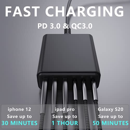 Fast Charger, Sacrack 100W GaN Compact 6 Port Charging Station, Portable Wall Charger Adapter 3 USB C and 3 QC USB A for All iPad iPhone 14 13 12 11 Pro Max Pixel Note Galaxy by QUANSHENGDA
