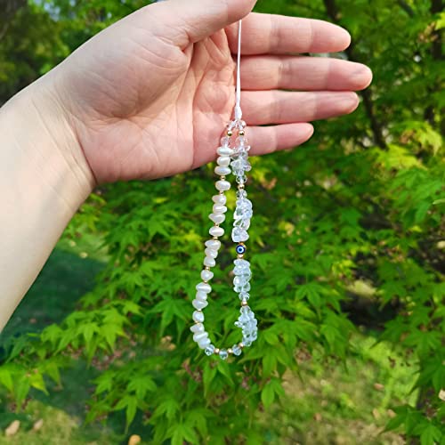 DLYFNVEV White Phone Charm Clear Quartz Evil Eye Pearl Beaded Phone Charms Strap Healing Crystal Cell Phone Accessories Charm Keychain Phone Chain Case Wrist Lanyard String Bracelet Strap Wristlet by 