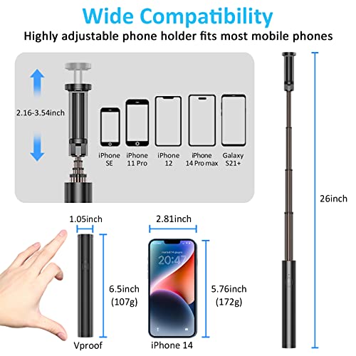 Vproof Monopod Selfie Stick Bluetooth, Lightweight Monopod Aluminum All in One Extendable Monopod Compact Design, Compatible with iPhone 14 Pro Max/14 Pro/14/14 Plus, Galaxy S22 from Vproof