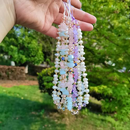 DLYFNVEV White Phone Charm Clear Quartz Evil Eye Pearl Beaded Phone Charms Strap Healing Crystal Cell Phone Accessories Charm Keychain Phone Chain Case Wrist Lanyard String Bracelet Strap Wristlet by 