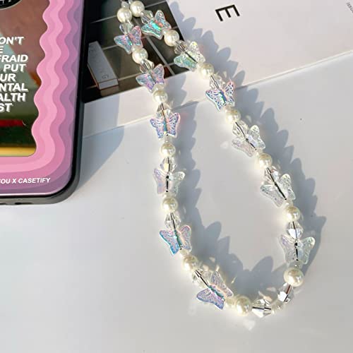 Joyswood Beaded Phone Charm Y2K Phone Strap Charm Cute Phone Charms Aesthetic Love butterfly Phone Chain Girl Pearl Beaded Phone Strap Handmade Cell Phone Lanyard Kawaii Acrylic (White2) from 