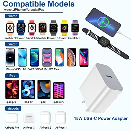 Apple Watch Charger,Upgraded 2-in-1 USB C Fast iPhone Watch Charger [Apple MFi Certified] 6FT Magnetic Charging Cable with 15W Wall Charger Block for Apple Watch Series SE/8/7/6/5/4/3/2/1 & iPhone 14 from KTDRJN