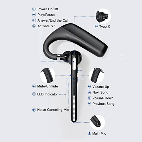 Ngsod Bluetooth Headset - Wireless Headset with Microphone 90 Days Standby/110 Hours Talktime, Bluetooth Earpiece for Cell Phone/PC Tablet/Laptop Computer, Headphones for Trucker/Driver/Business from Yobohii