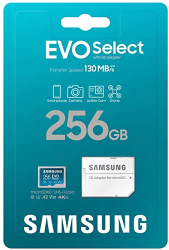 SAMSUNG EVO Select Micro SD-Memory-Card + Adapter, 256GB microSDXC 130MB/s Full HD & 4K UHD, UHS-I, U3, A2, V30, Expanded Storage for Android Smartphones, Tablets, Nintendo-Switch (MB-ME256KA/AM) from Samsung