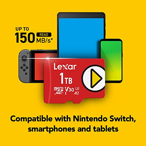Lexar PLAY 1TB microSDXC UHS-I Micro SD Memory Card, C10, U3, V30, A2, Full-HD Video, Up To 150MB/s, Expanded Storage for Nintendo-Switch, Gaming Devices, Smartphones, Tablets (LMSPLAY001T-BNNNU) by Lexar International