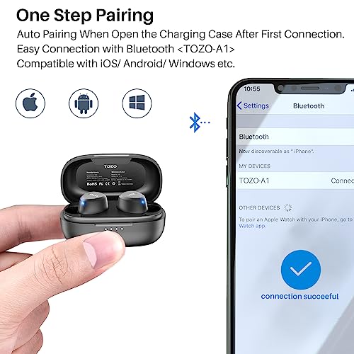 TOZO A1 Mini Wireless Earbuds Bluetooth 5.3 in Ear Light-Weight Headphones Built-in Microphone, IPX5 Waterproof, Immersive Premium Sound Long Distance Connection Headset with Charging Case, Black by TOZO