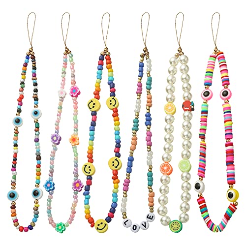 Taouzi 6PCS Beaded Phone Lanyard Face Charm Fruit Star Pearl Rainbow Color Chain Wrist Strap for Women Girls by Taouzi