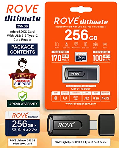 ROVE Ultimate Micro SD Card microSDXC 256GB Memory Card with USB 3.2 Type C Card Reader 170MB/s C10, U3, V30, 4K, A2 for Dash Cam, Android Smart Phones, Tablets, Games by ROVE