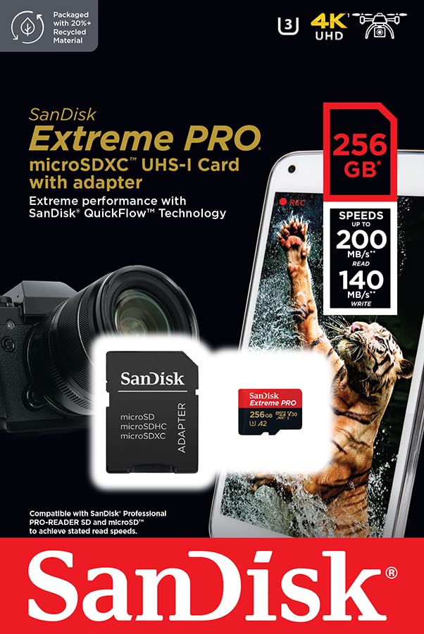 SanDisk 256GB Extreme Pro Durable, Captures 4K UHD Video, 200MB/s Read and 140MB/s Write microSD UHS-I Card for Recording Outdoor Adventures and Weekend Trips by âWestern Digital Technologies Inc.