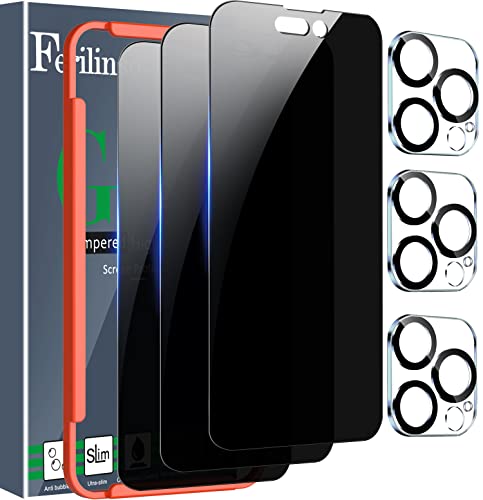 Ferilinso [3+3 Pack] for Apple iPhone 14 Pro Max Privacy Screen Protector Tempered Glass Accessories 3 Pack 9H Anti Spy Privacy Screen For iPhone 14 Pro Max 3 Pack Camera Lens Protector by Ferilinso