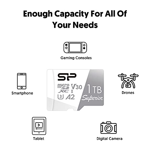 Silicon Power 1TB Superior Micro SDXC UHS-I (U3), V30 4K A2,High Speed MicroSD Card with Adapter, NOT for Gaming Handheld Devices by SP Silicon Power