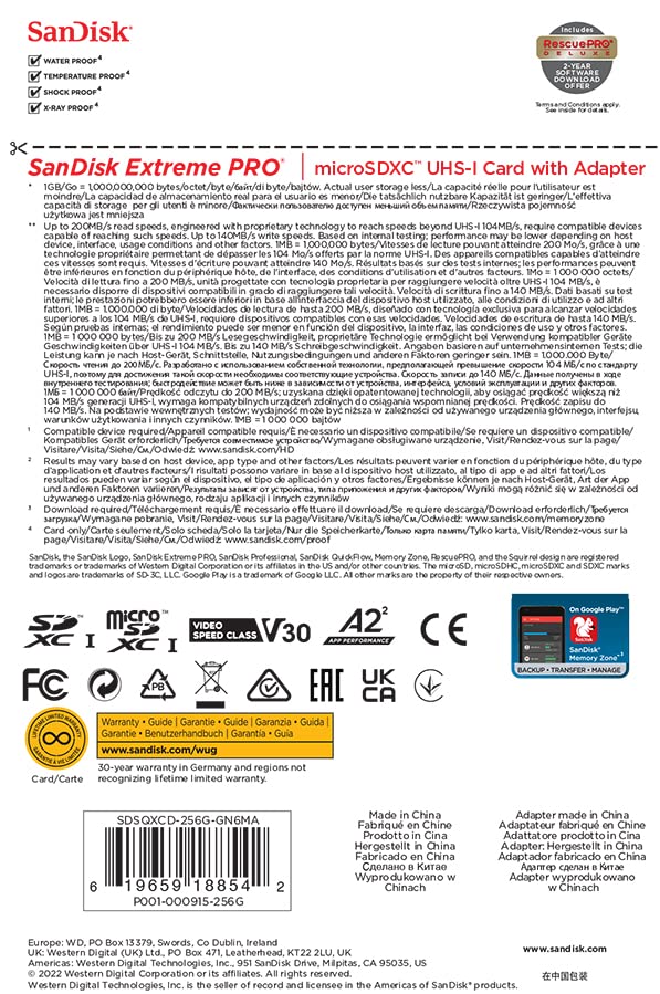 SanDisk 256GB Extreme Pro Durable, Captures 4K UHD Video, 200MB/s Read and 140MB/s Write microSD UHS-I Card for Recording Outdoor Adventures and Weekend Trips by âWestern Digital Technologies Inc.