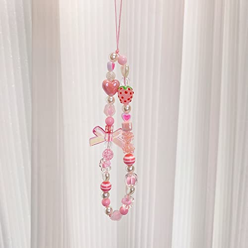 Showkanbay Phone Charms Strap,Pink Cute Phone Charms Aesthetic Love Phone Chain Girl Beaded Phone Strap Pearl Beaded Phone Lanyard Jewelry(strawberry) from 