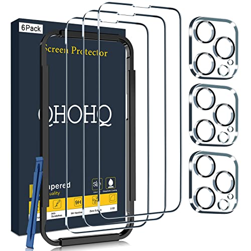 QHOHQ 3 Pack Screen Protector for iPhone 14 Pro Max 6.7 Inch with 3 Pack Tempered Glass Camera Lens Protector, Ultra HD, 9H Hardness, Scratch Resistant, Case Friendly [Included Easy to Install Frame] from QHOHQ