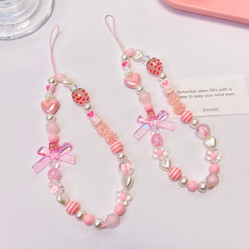 Showkanbay Phone Charms Strap,Pink Cute Phone Charms Aesthetic Love Phone Chain Girl Beaded Phone Strap Pearl Beaded Phone Lanyard Jewelry(strawberry) from 