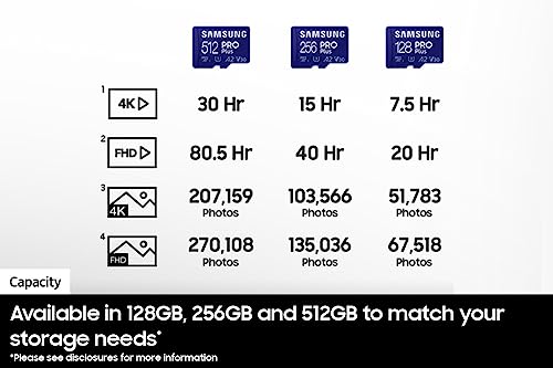SAMSUNG PRO Plus microSD Memory Card + Adapter, 256GB MicroSDXC, Up to 180 MB/s, Full HD & 4K UHD, UHS-I, C10, U3, V30, A2 for Android Phones, Tablets, GoPRO, DJI Drone, MB-MD256SA/AM, 2023 by Samsung