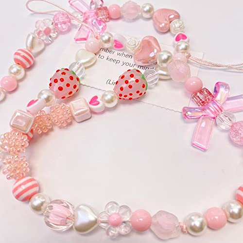 Showkanbay Phone Charms Strap,Pink Cute Phone Charms Aesthetic Love Phone Chain Girl Beaded Phone Strap Pearl Beaded Phone Lanyard Jewelry(strawberry) from 