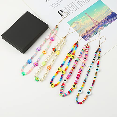 Taouzi 6PCS Beaded Phone Lanyard Face Charm Fruit Star Pearl Rainbow Color Chain Wrist Strap for Women Girls by Taouzi