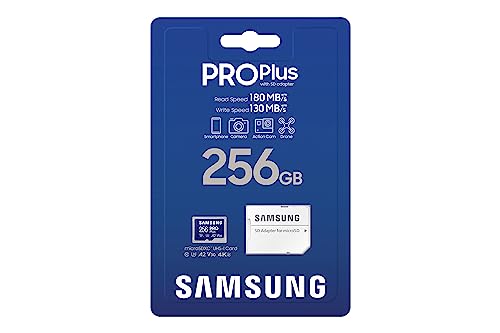 SAMSUNG PRO Plus microSD Memory Card + Adapter, 256GB MicroSDXC, Up to 180 MB/s, Full HD & 4K UHD, UHS-I, C10, U3, V30, A2 for Android Phones, Tablets, GoPRO, DJI Drone, MB-MD256SA/AM, 2023 by Samsung