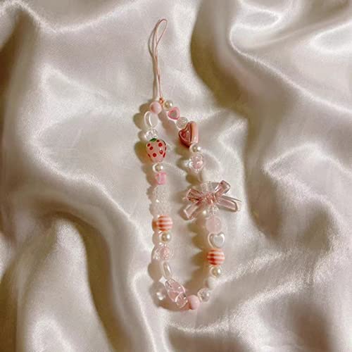 Showkanbay Phone Charms Strap,Pink Cute Phone Charms Aesthetic Love Phone Chain Girl Beaded Phone Strap Pearl Beaded Phone Lanyard Jewelry(strawberry) from 