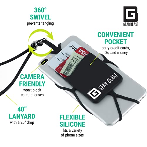 Gear Beast Cell Phone Lanyard - Neck Phone Holder w/ Card Pocket and Silicone Neck Strap - Compatible with Most Smartphones, Black by Gear Beast