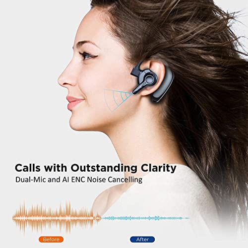 emotal Dual-Mic AI Noise Cancelling Bluetooth Headset for Cell Phones, 10 Days Standby 30Hrs HD Talktime Bluetooth Earpiece IPX6 Waterproof Ultralight for Driving/Truckers/Business,Black by emotal
