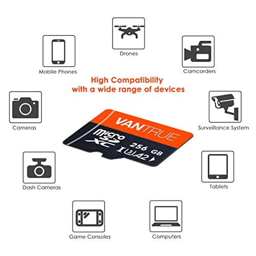 Vantrue 256GB microSDXC UHS-I U3 4K UHD Video High Speed Transfer Monitoring SD Card with Adapter for Dash Cams, Body Cams, Action Camera, Surveillance & Security Cams from VANTRUE