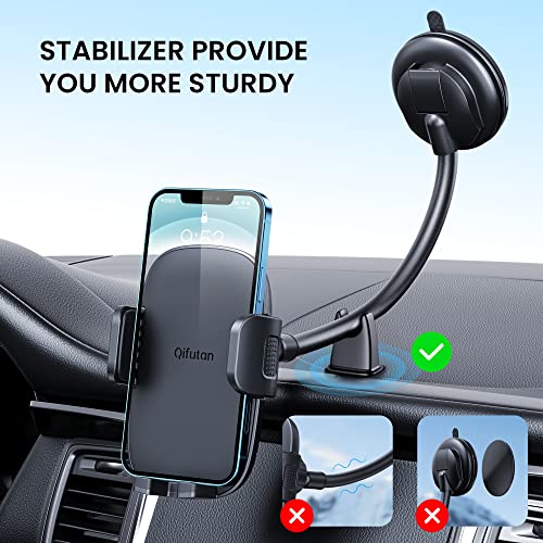 Qifutan Cell Phone Holder for Car Phone Mount Long Arm Dashboard Windshield Car Phone Holder Strong Suction Anti-Shake Stabilizer Phone Car Holder Compatible with All Phone Android Smartphone (Black) by Qifutan