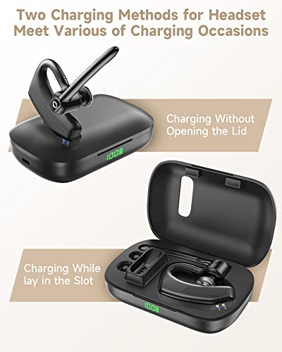 Bluetooth Headset Wireless Earpiece Noise Cancelling Microphone 180H Playback 1000mAh Wireless Charging Case Handsfree Earphones LED Display for iPhone iOS Android Cell Phones PC Computer Trucker Work by ZUKUMU