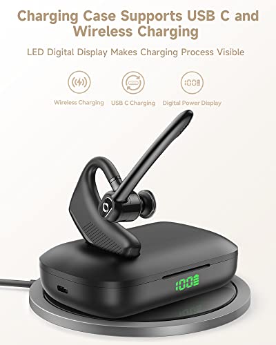 Bluetooth Headset Wireless Earpiece Noise Cancelling Microphone 180H Playback 1000mAh Wireless Charging Case Handsfree Earphones LED Display for iPhone iOS Android Cell Phones PC Computer Trucker Work by ZUKUMU