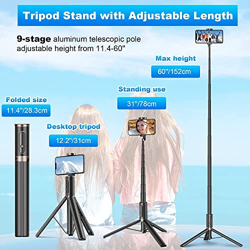 TONEOF 60" Cell Phone Selfie Stick Tripod,Smartphone Tripod Stand All-in-1 with Integrated Wireless Remote,Portable,Lightweight,Tall Extendable Phone Tripod for 4''-7'' iPhone and Android Phones from TONEOF
