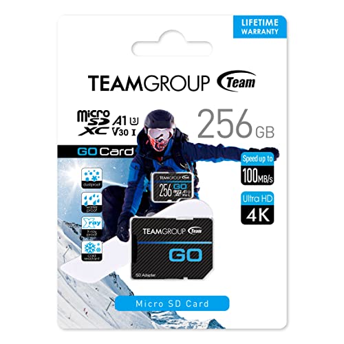 TEAMGROUP GO Card 256GB Micro SDXC UHS-I U3 V30 4K for GoPro & Action Cameras High Speed Flash Memory Card with Adapter for Outdoor, Sports, 4K Shooting TGUSDX256GU303 by TEAMGROUP
