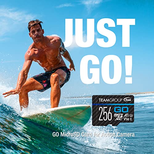 TEAMGROUP GO Card 256GB Micro SDXC UHS-I U3 V30 4K for GoPro & Action Cameras High Speed Flash Memory Card with Adapter for Outdoor, Sports, 4K Shooting TGUSDX256GU303 by TEAMGROUP