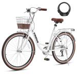 VIRIBUS Beach Cruiser Bike for Women, 7 Speed Womens Bike 24 inch with Rattan Basket, Step Through Bicycle for City Commuting, Adult Bicycle for Female Ladies Seniors