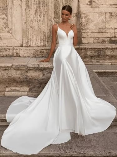Simple Boho V-Neck Satin Mermaid Wedding Dress