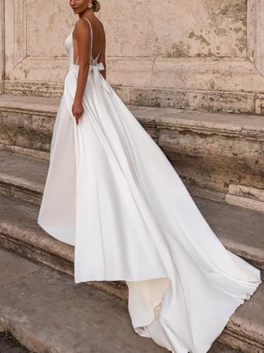 Simple Boho V-Neck Satin Mermaid Wedding Dress