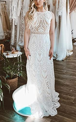Open Back Boho Beach Wedding Dress with Lace