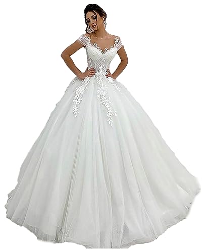 White Lace Tulle A-Line Wedding Dress for Brides