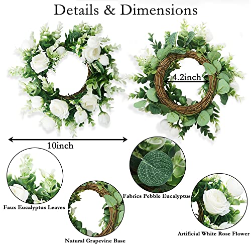 White Rose Candle Rings with Eucalyptus - 4 Pcs