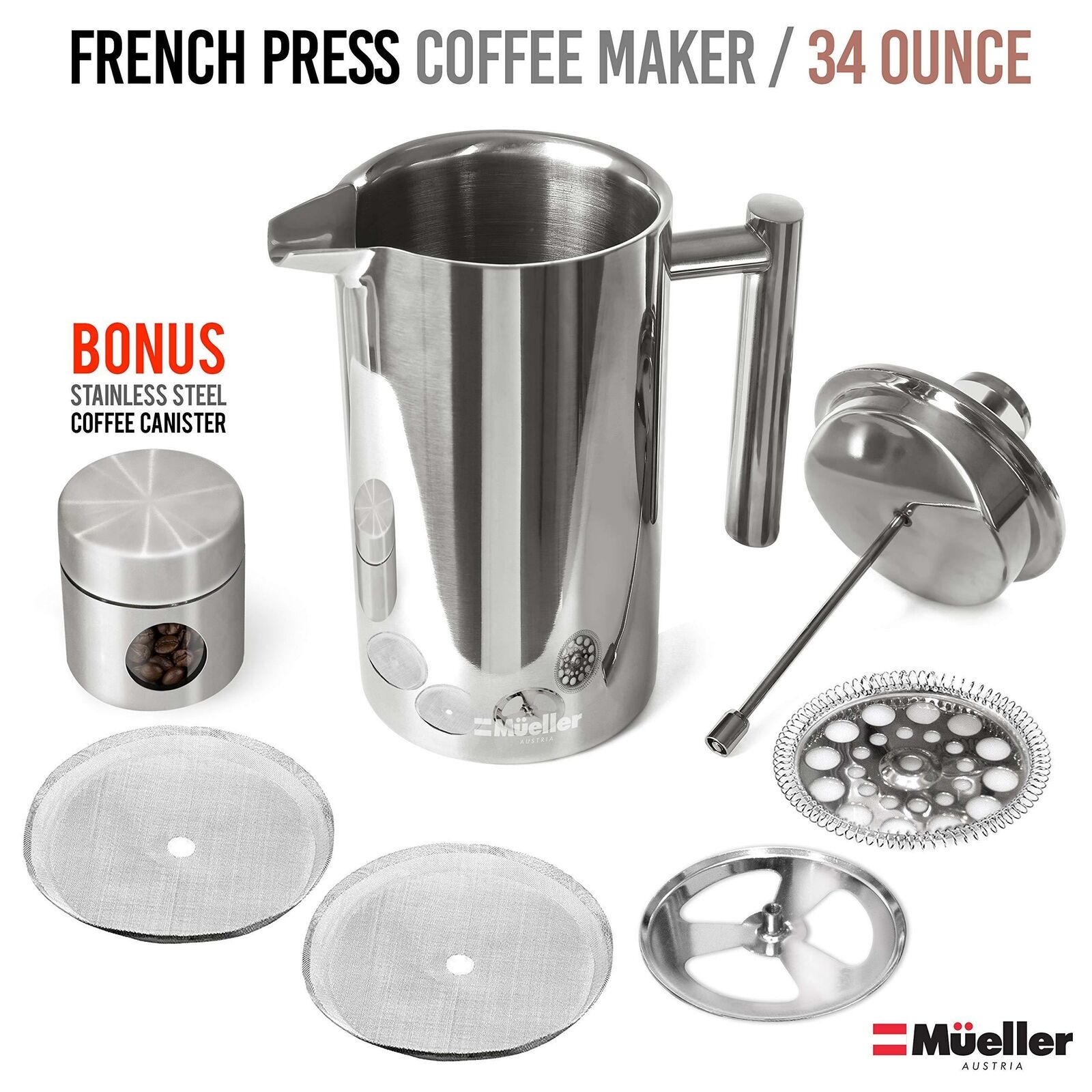 Mueller 34oz Stainless Steel French Press Coffee
