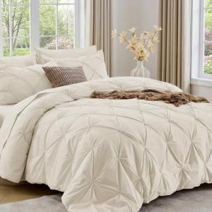 Beige 7-Piece Queen Comforter Set in Pinch Pleat