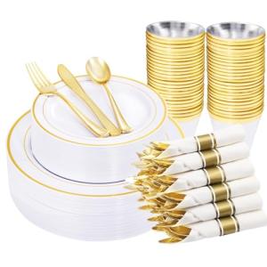 Gold Plastic Dinnerware Set - 210 Pieces Total
