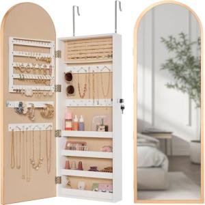 Gold Arch Mirror Jewelry Cabinet with Storage