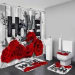 Romantic Red Rose Bathroom Set with Rugs and Hooks